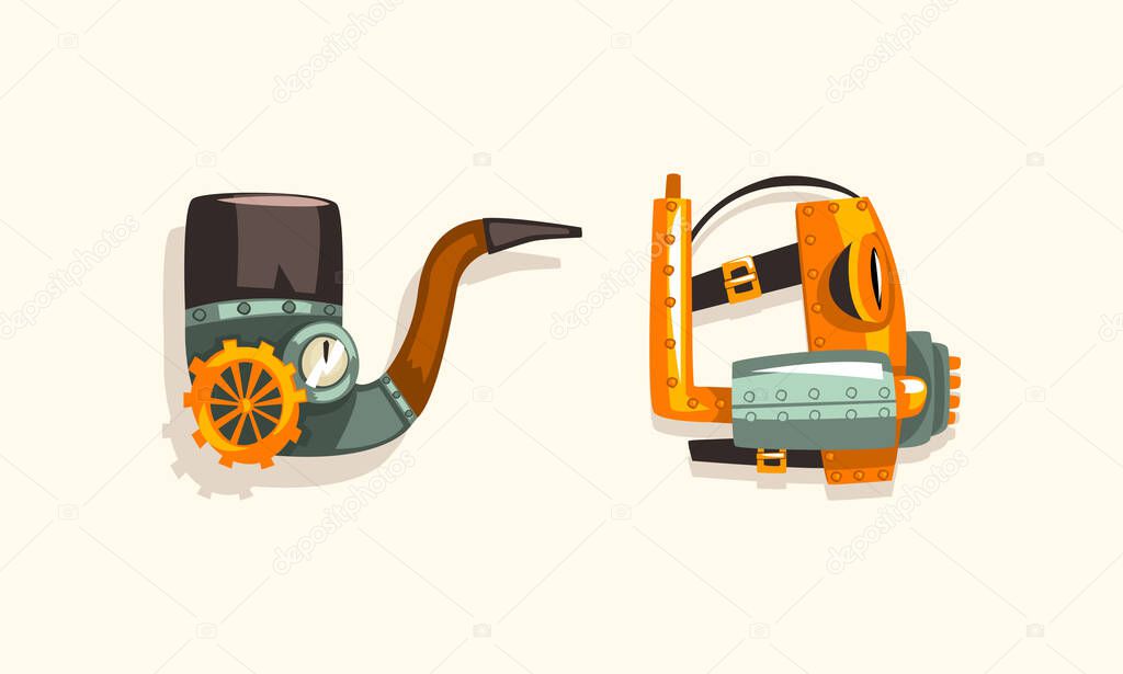 Steampunk Fictional Objects and Mechanism with Mechanical Cogwheel and Shiny Rivet Vector Set