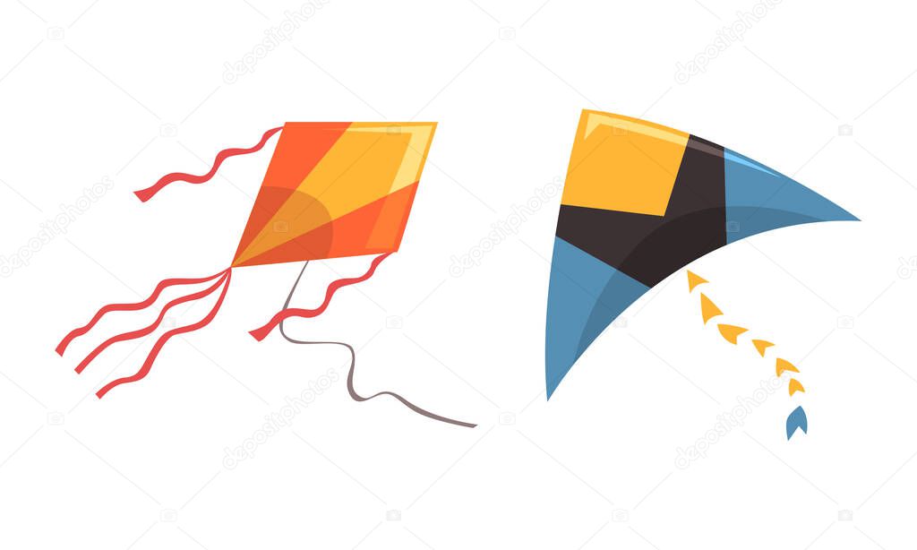 Colorful Kite as Tethered Craft with Wing Surfaces and Tail Vector Set