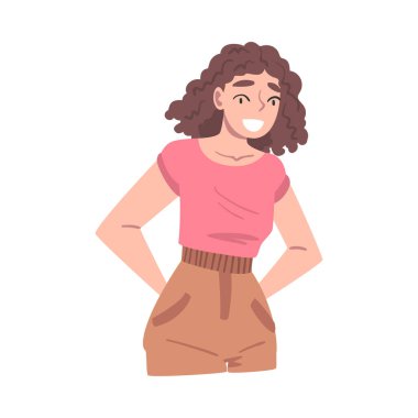 Elleri Kalçasında Duran Mutlu Gülümseyen Kız, Genç Kadın Duyguları, Olumlu İnsan Duyguları Çizgi Film Gösterimi