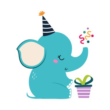 Doğum günün kutlu olsun, sevimli Fil Bebek Hayvanı Parti Şapkası, Bebek Duşu Kutlama Elemanı Çizgi Film Vektörü İllüstrasyonu