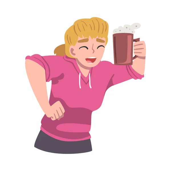 Happy Smiling Girl I with Cup of Hot Drink in her Hand, Young Woman Feelings, Positive Human Emotions Concept Cartoon Vector Illustration — стоковый вектор