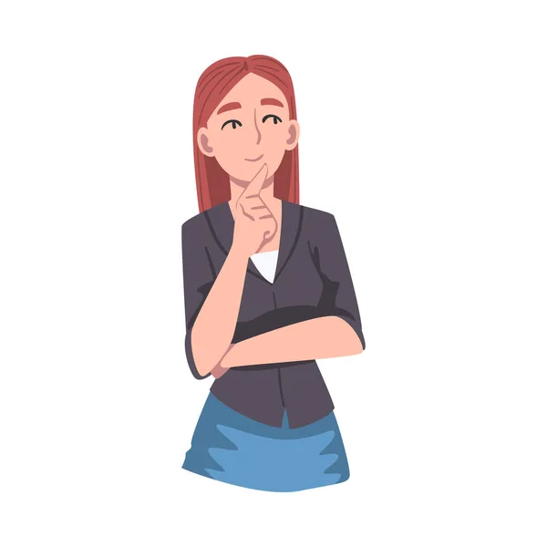 Chica reflexiva, Mujer joven con expresión de cara pensativa, Emociones humanas Concepto Dibujos animados Vector Ilustración — Vector de stock