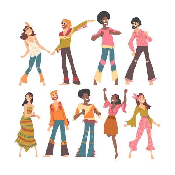 Hippie People Set, Happy Young Men and Women in Retro Style Ropa de 70s Bailando en la Fiesta Dibujos Animados Vector Ilustración — Archivo Imágenes Vectoriales