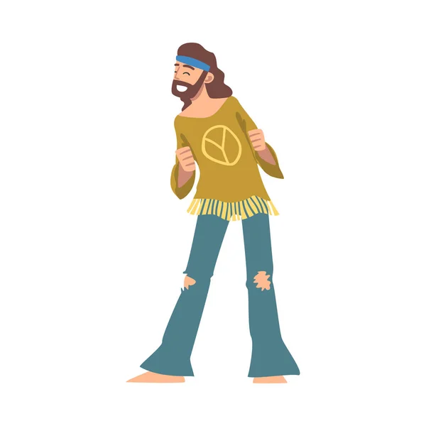 Hippie Man Character, Happy Bearded Man Wearing Retro Style Clothing Dancing Cartoon Vector Illustration — Stock Vector