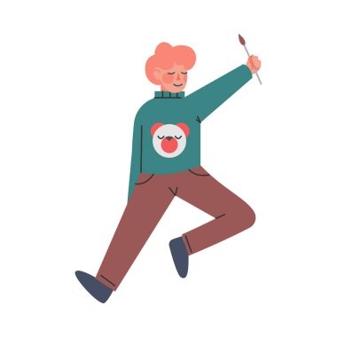 Fırçayla Resim Yapan Sevimli Çocuk Çocuk, Çocuk İçin Yaratıcı Hobi Çizgi Film Vektör İllüzyonu