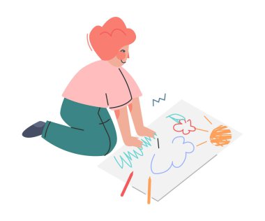 Çocuk için yaratıcı bir hobi olan Kalemle Kağıda Çizim Yapan Sevimli Çocuk Vektör İllüzyonu