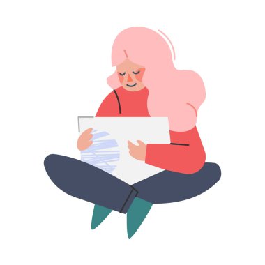 Çizim kitabıyla Yerde Oturan Sevimli Kız, Yaratıcı Çocuk Hobisi ve Eğitim Çizgi Filmi Vektör İllüzyonu