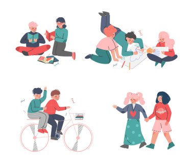 Çocuk Hobileri Seti, Şirin Erkekler ve Kızlar Çizim, Resim, Kitap Okuma, Bisiklet Sürme Çizgi Filmleri Vektör Resimleri