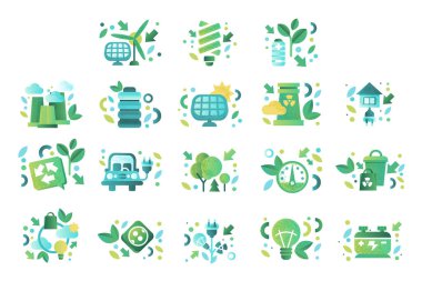 Ekoloji ve Çevre İlgili Simgeler Büyük Küme, Alternatif Enerji Yenilenebilir Kaynaklar ve Doğa Vektörü İllüstrasyonu