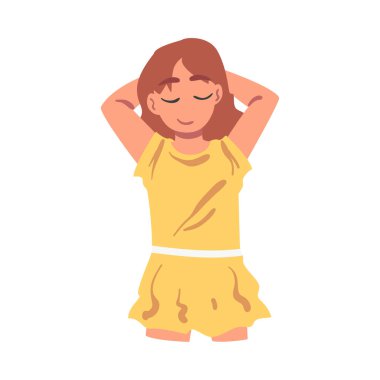 Elleri başının arkasında uzanan tatlı kız, Neşeli Çocuk 'un Yukarısından bakıldığında izole edilmiş beyaz arka plan vektör illüstrasyonunda yatıyor.