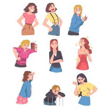 Genç Kadınlar Farklı Duygular Seti, Mutlu, Endişeli, Kızgın, Bunalımlı Kızlar, İnsani Duygular Çizgi Roman Vektörü İllüstrasyonu