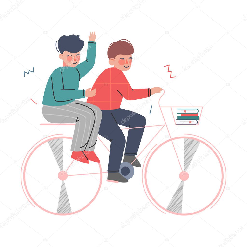 Cute Boys Riding on Bicycle Together, Kids Outdoor Activity, Summer Vacation Concept Cartoon Vector Illustration