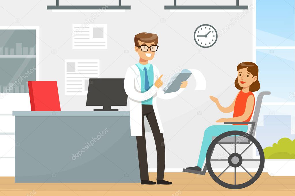 Practitioner Doctor Consulting Female Patient in Wheelchair, Medical Treatment and Support Vector Illustration