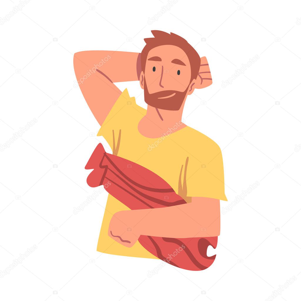 Top View of Lying Young Man, Cheerful Man Lying on Isolated White Background with Pillow in his Hands and Looking Up Vector Illustration
