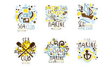 Sea Club Etiketi Yat, Deniz Balığı ve Deniz Feneri Vektörü Ayarlı Orijinal Tasarım
