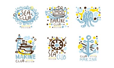 Sea Club Etiketi Orijinal Tasarım Anchor, Direksiyon ve Deniz Feneri Vektörü Ayarlı