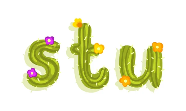 Latin Alphabet of Green Cactus with Blooming Flowers Vector Set — Stock Vector