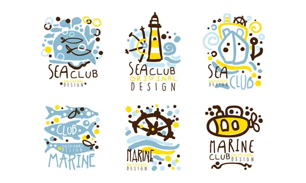 Sea Club Label Original Design with Yacht, Sea Fish and Lighthouse Vector Set — Stock Vector