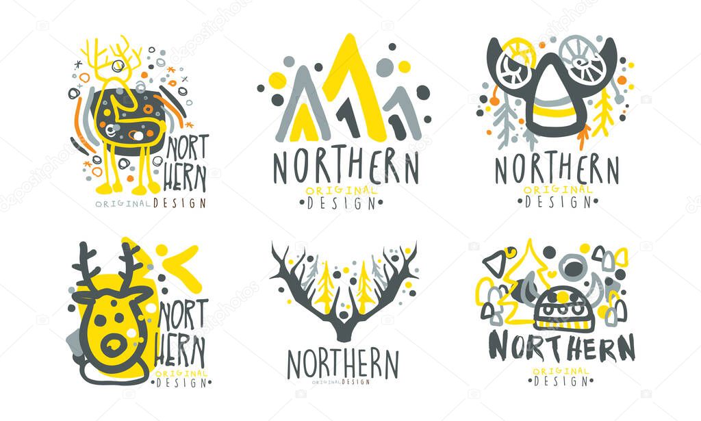 Northern Logo Original Design Template with Fancy Shapes Vector Set. Arctic and Polar Graphic Label or Badge for Travel and Adventure Company Concept
