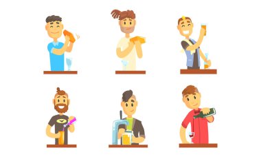 Erkek Barmen ya da Barmen, Bar Vektörü Seti 'nin arkasında Alkol ya da meşrubat servisi yapıyor.