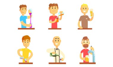 Erkek Barmen ya da Barmen, Bar Vektörü Seti 'nin arkasında Alkol ya da meşrubat servisi yapıyor.