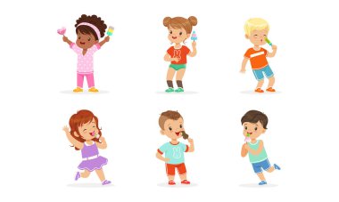 Neşeli Çocuk ve Kız Karakteri Çubuk Vektörde Meyveli Dondurma Tutuyor