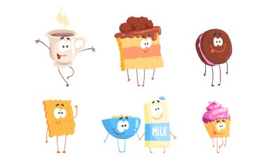 Süt ve Kahve Kupalı İnsanlaştırılmış Yemek Gülümseyen ve El Sallayan Vektör Seti