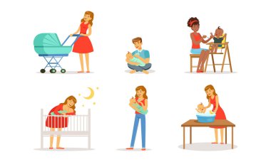 Genç Anne ve Baba, Küçük Bebek Şişe Besleme ve Banyo Vektörü Seti 'ni emziriyor