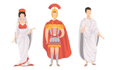 Geleneksel Kostümlerle Antik Roma Vatandaşları Set, Lejyoner, Romalı Kadın, Plebeian Flat Vector Illustration