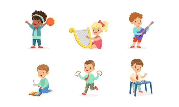 Leende pojke och flicka spelar harpa och gitarr vektor set — Stock vektor