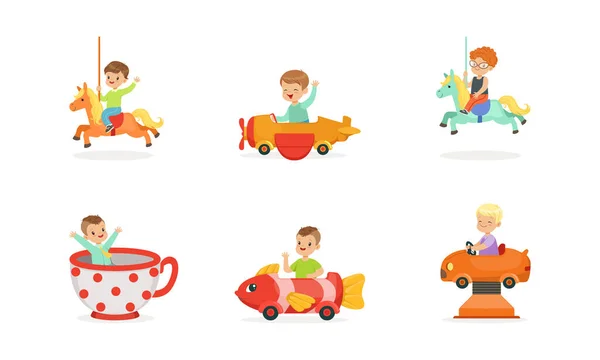 Cheerful Boy and Girl Having Fairground or Carousel Ride and Laughing Vector Set — Stock Vector