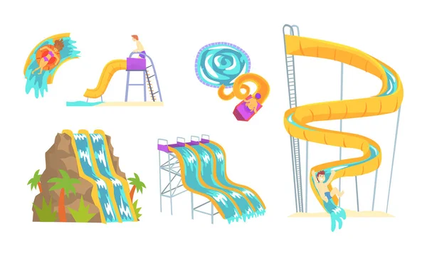 People Characters on Water Slides and Tube in Aquapark Vector Illustration Set — Stock Vector