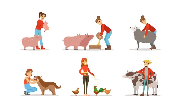 Agricultores Reprodução Pecuária Alimentação Farm Animals Vector Set — Vetor de Stock