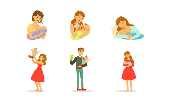 Young Mother and Father Nursing Their Little Baby Bottle and Breast Feeding Vector Set — Stock Vector