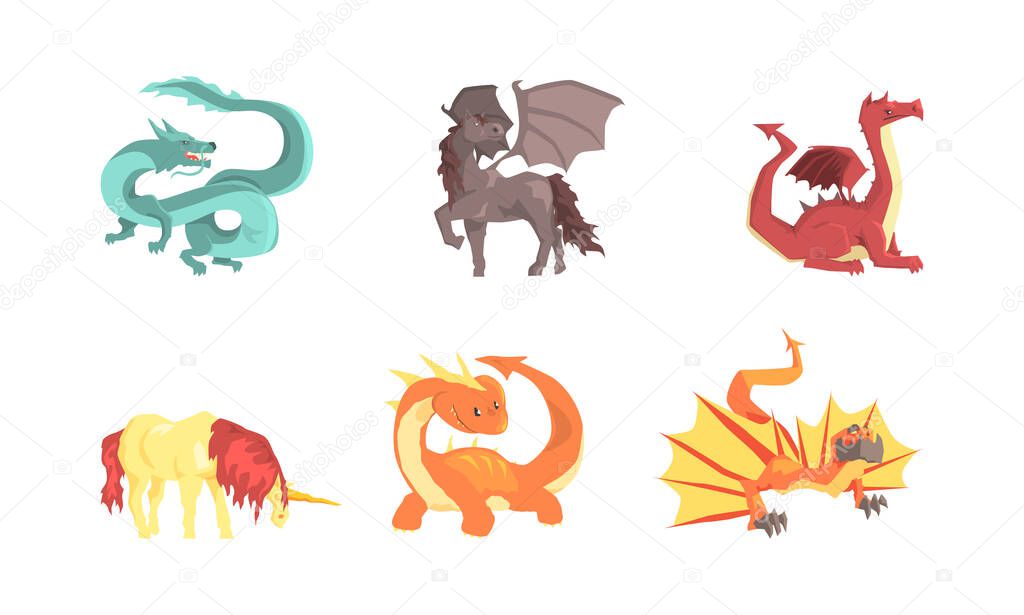 Fantastic Creatures with Fire Breathing Dragon and Unicorn Vector Set