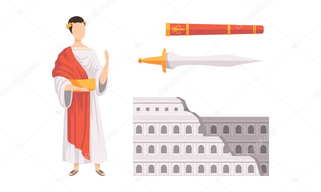 Set of Ancient Rome Symbols, Roman Empire, Sword, Colosseum Building Flat Vector Illustration