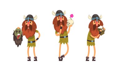 Viking Karakter Kümesi, Ortaçağ Savaşçısı Karakter Vektör İllüstrasyonu