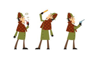 Sherlock Holmes Suç Araştırma Karakteri, Klasik Giysili Dedektif Sigara İçen Pipo Büyüteç Resimlerine Bakıyor