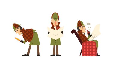 Sherlock Holmes Suçu Araştıran Karakter, Klasik Giysili Dedektif Sigara İçen Pipo Vektör İllüstrasyonu