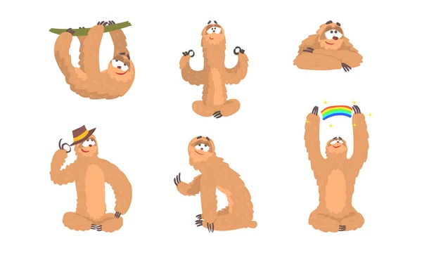 Comic Sloth Hängande i trädet och sittande i Yoga Pose Vector Set — Stock vektor