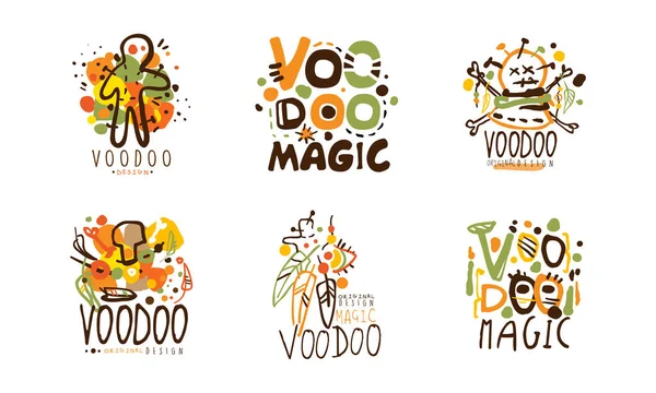 Voodoo eredeti logó tervezés bennszülött szimbólumokkal vektorkészlet — Stock Vector