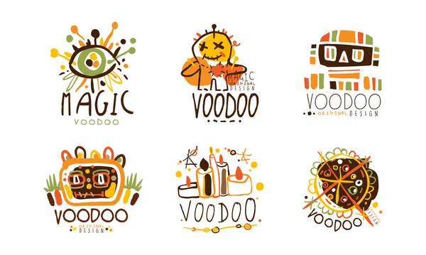 Diseño de Logo Original Vudú con Símbolos Indígenas Conjunto de Vectores — Vector de stock