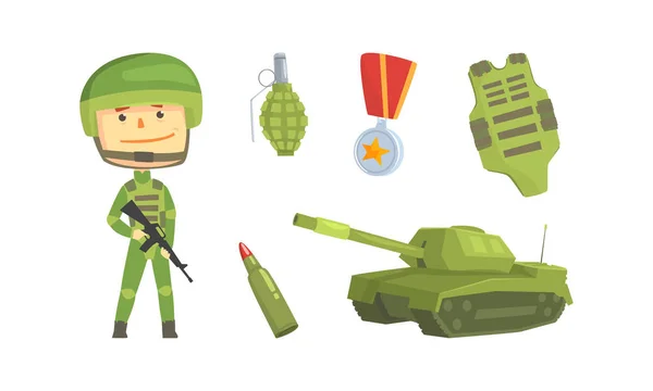 Soldier and Military Equipment of Khaki Color Vector Set — Stock Vector