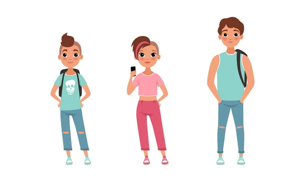 Teenage Boys and Girl Standing with Backpacks, Stage of Growing up of People Cartoon Vector Illustration — Stockový vektor