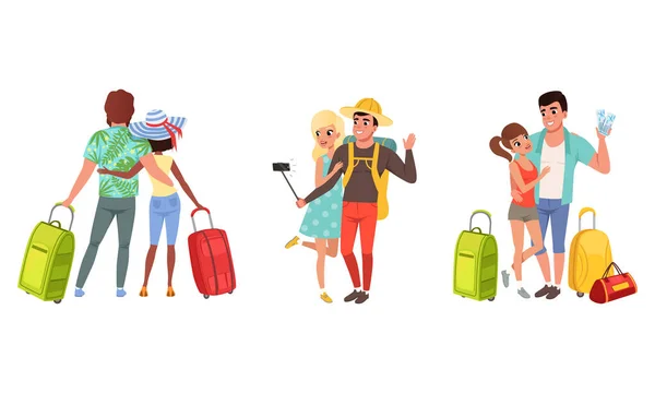 Casais felizes que vão em conjunto de férias de verão, jovem e mulher com sacos de viagem Vector Ilustração — Vetor de Stock