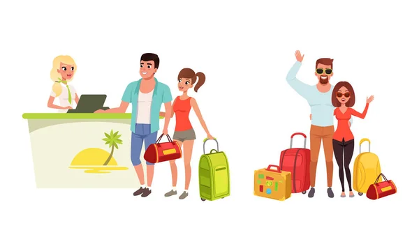 Happy Couples Going on Summer Vacation Set, Young Man and Woman with Travel Bags, Tourist Couple at Hotel Reception Desk Vector Illustration — стоковий вектор