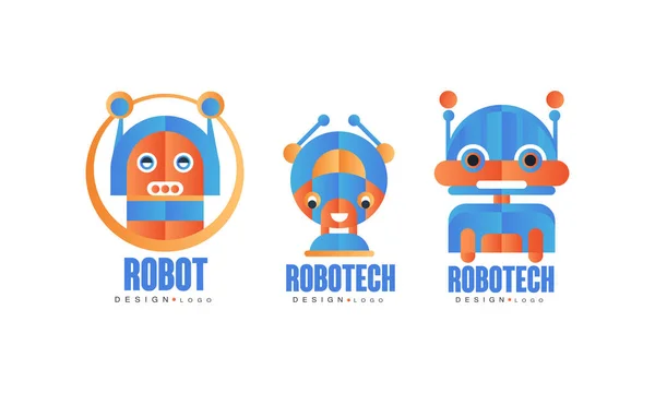 Robot Logo Tasarım Seti, Şirket Kimliği için Robot Teknolojisi, Bilgisayarla İlgili Servis, Çocuk Bilimleri Kulübü Rozetleri Düz Vektör İllüstrasyonu — Stok Vektör