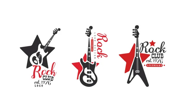 Rock Club Logo Design Set, Audio Record, Sound Studio Retro Badges Vector Illustration — Stock Vector