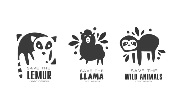 Save Wild Animals Logo Design Set, Protection of Lemur, Llama Animals Black and White Badges Vector Illustration