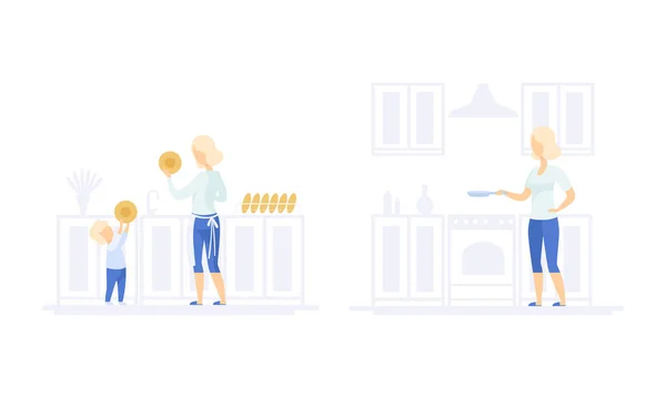 Family Lifestyle Set, Mom and Son Washing Dishes, Young Woman Cooking in the Kitchen Vector Illustration (dalam bahasa Inggris) Stok Ilustrasi Bebas Royalti